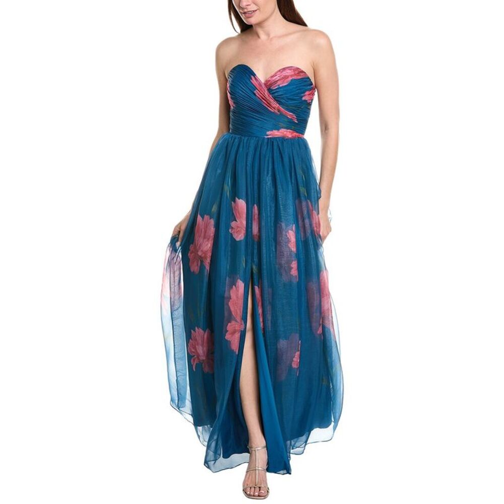Rene Ruiz Womens  Strapless Sweetheart Pleated Bodice Floral Gown, Blue